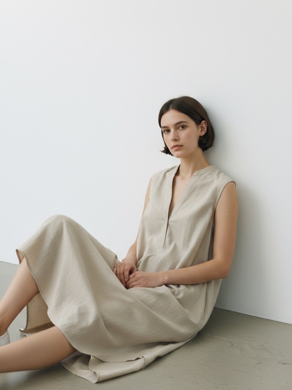OTTE NY Minimalist High Low Shift Lagenlook Linen Silk
Modern Neutral Dress Sz M